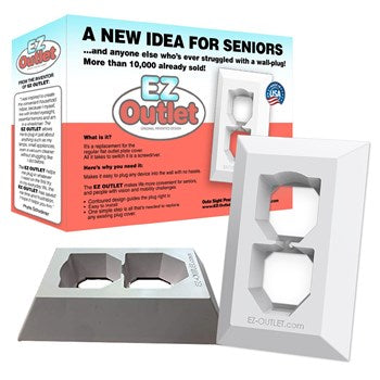 The EZ Outlet Plug Guide placed in front of it's packaging. EZ Outlet Plug Guide electrical outlet cover replaces your existing body and provides a 3-dimensional guide to help you plug an electrical appliance into the wall.
