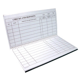 Large Print Check and Deposit Register with bold black lines and large letters and numbers that are easily read by those with low vision. The spiral booklet is open revealing it's blank slots ready to be filled in.