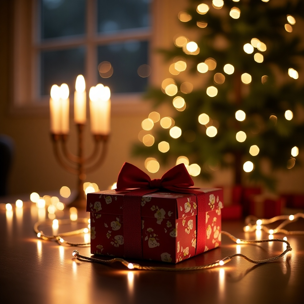 A red present with a bow surrounded by lights on a table. In the background is a menorah and a Christmas tree.