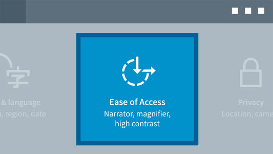 A blue box surrounding highlighting the Ease of Access icon, which states "Narrator, magnifier, high contrast."