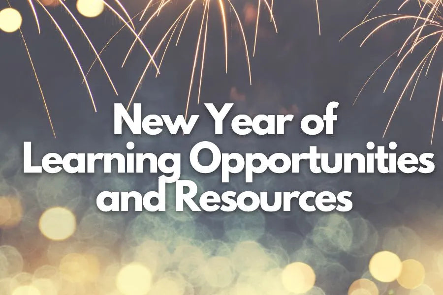 Text states New Year of Learning Opportunities and Resources with fireworks and shining yellow lights in the background.