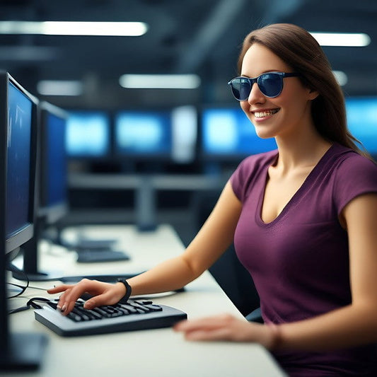 woman wearing sun glasses sitting at a pc smiling with hands on her keyboard