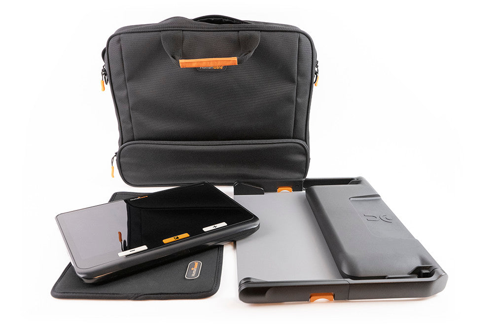 The Explore 12 together with its pouch, stand, and carrying case for portability.