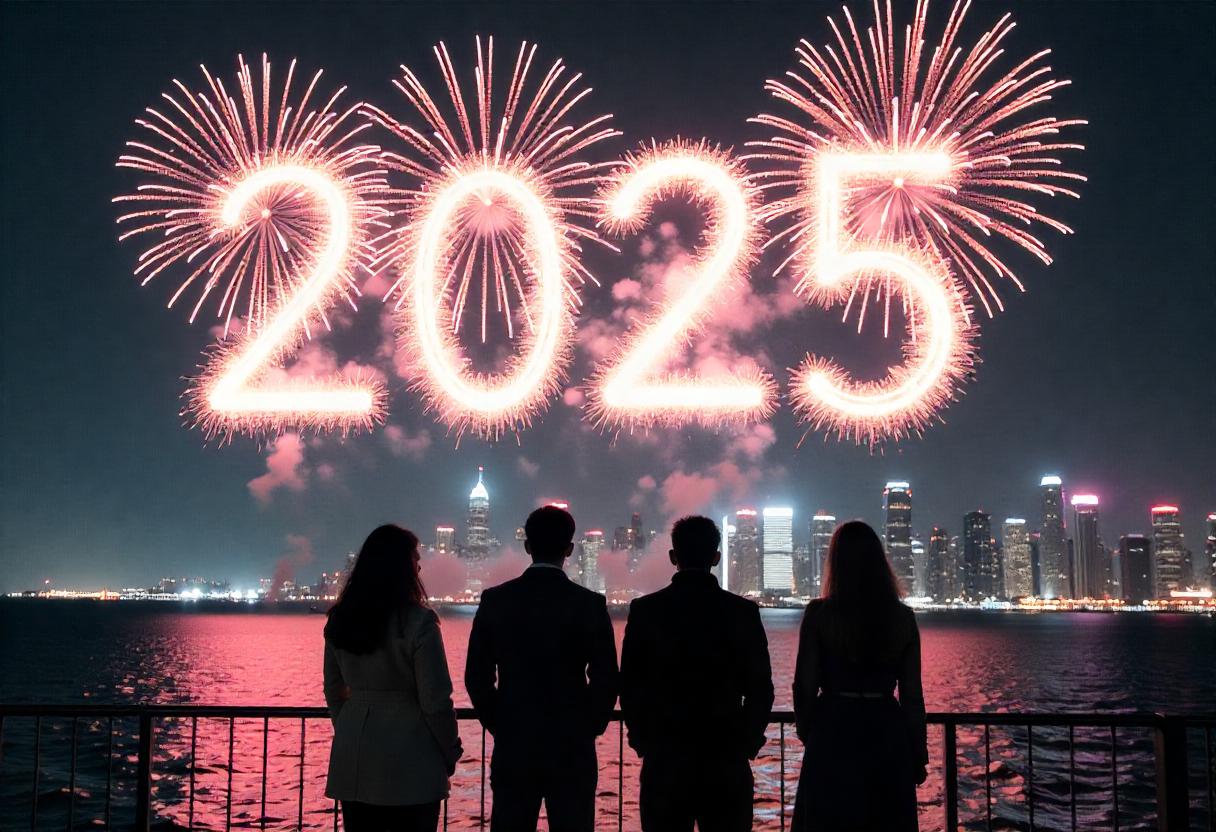 Four people watching fireworks that write 2025 over a body of water with a skyline