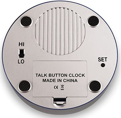 The bottom view of the Extra Large Button Loud Boost Talking Clock reveals  Hi/low sound button, the SET button, the round speaker grooves, and the location where you would load the batters.