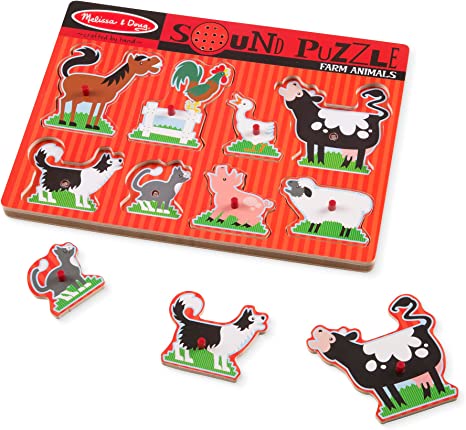 The Farm Sound Puzzle is a perfect audible low-vision puzzle where the happy farm animal "sounds off" in its voice when its animal puzzle piece is placed correctly in this eight-piece wooden peg puzzle!