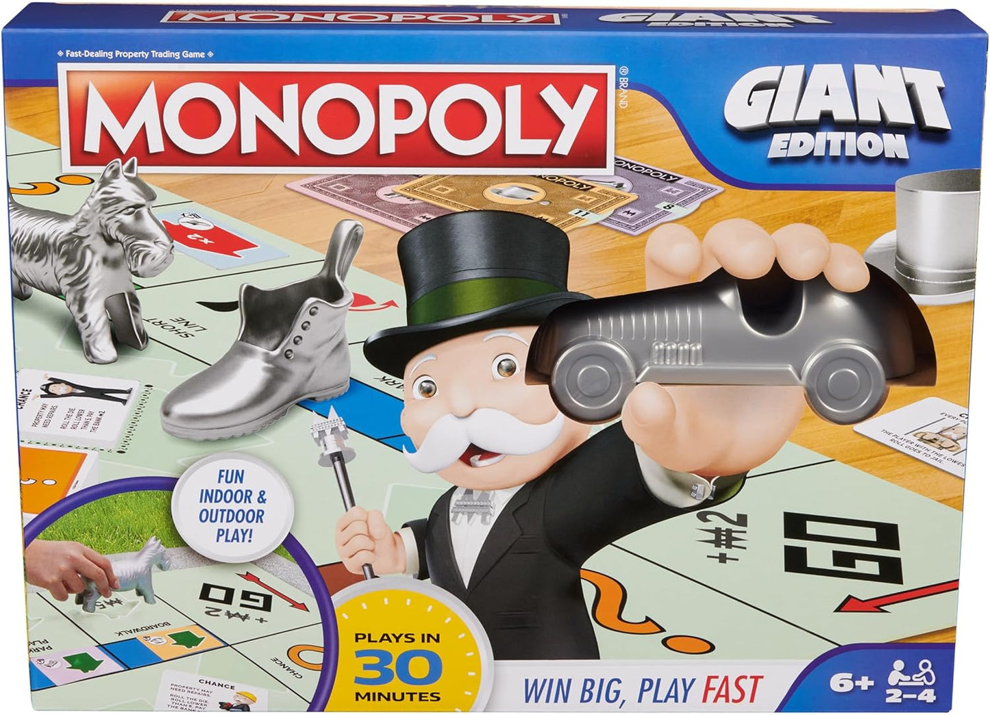 Giant Monopoly Board Game is great for people with low vision.  Enlarged pieces and large cards make playing Monopoly fun for everyone.  