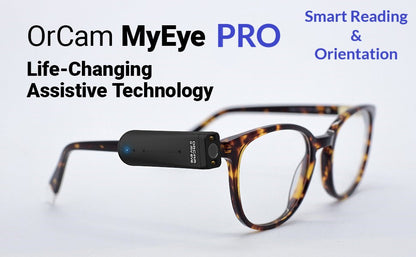 Orcam MyEye Pro magnetically connected to a pair of eyeglasses. Wearable Technology, adaptive technology