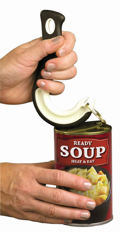 Hand holding the Ring Pull Can Opener over a can of soup.