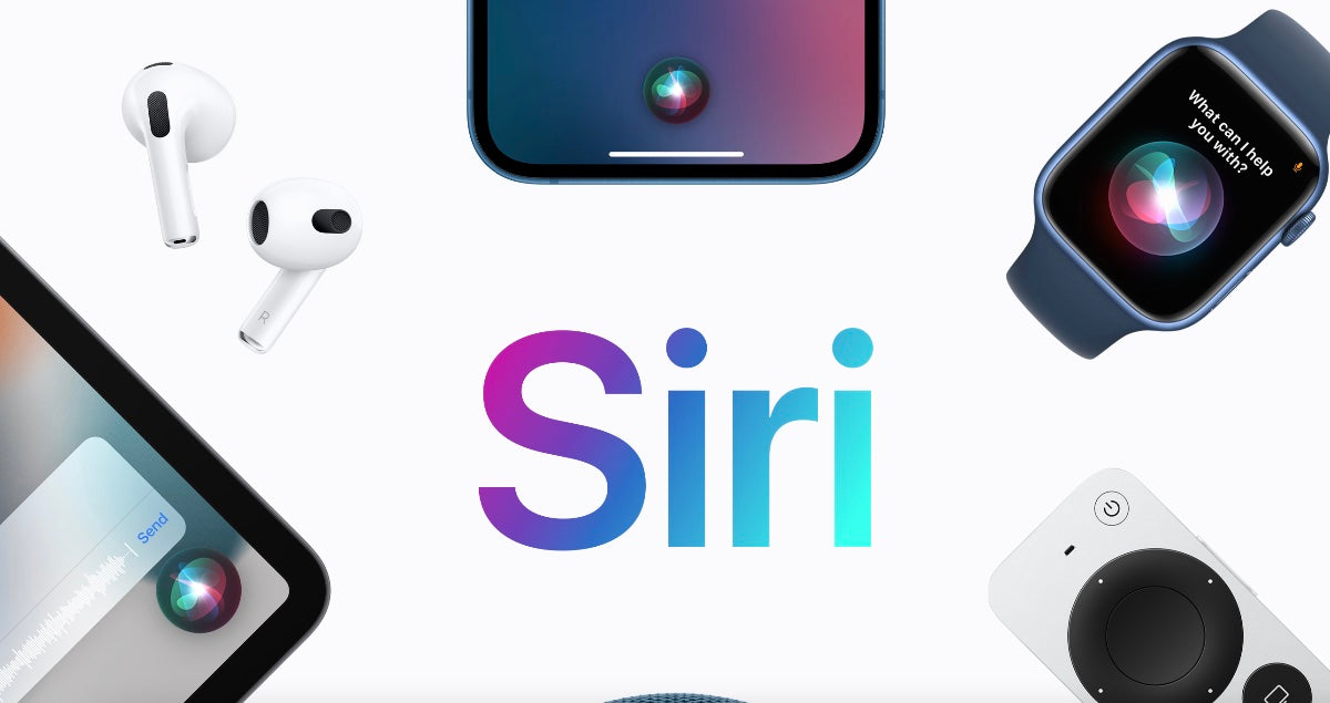 The word Siri surrounded by apple products