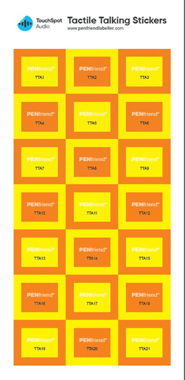 These rectangular labels are yellow with an orange border and have two sets of tactile features to make them accessible – a tactile line border near the edge and, inside that, a border of tactile circles. Each label measures 1" x 0.8"  (25 × 20mm.) 