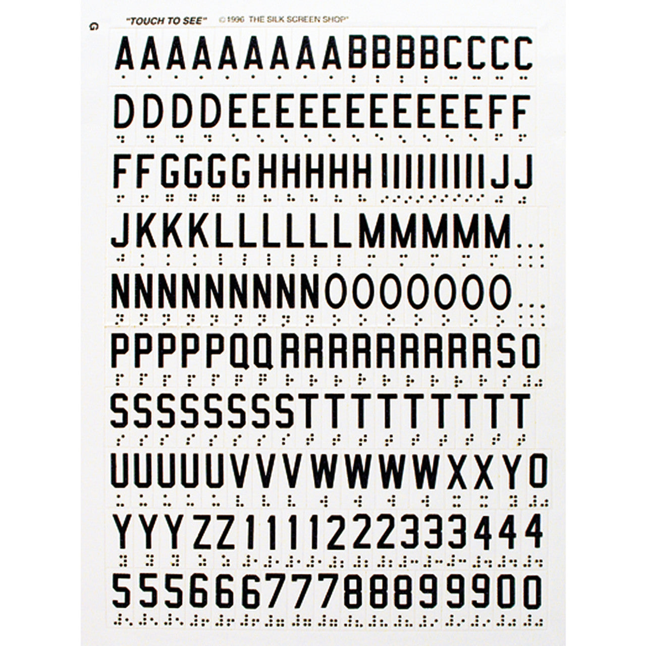 The Touch and See Letters - Numbers With Braille Sheet of 176 peel-off letters and numbers with braille may be used to label canned foods and boxes or learn.