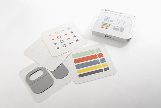 The items of the adaptive kit such as colored strips, bumps in different shapes, and adhesive rubber hooks.