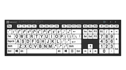 Braille Keyboard in Black on White Large Print with Braille on top of the printed letters