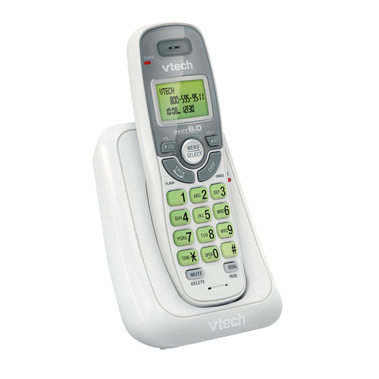 VTech Simple Cordless Phone with white base and handset featuring large, backlit green number buttons, a backlit screen displaying caller information, and clearly labeled control buttons for easy use for people with low vision.